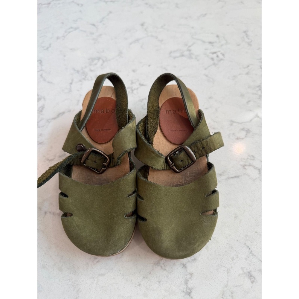 7.Mabo Kids Olive Green Suede Wooden Clogs Made in Sweden EU 27 US 10